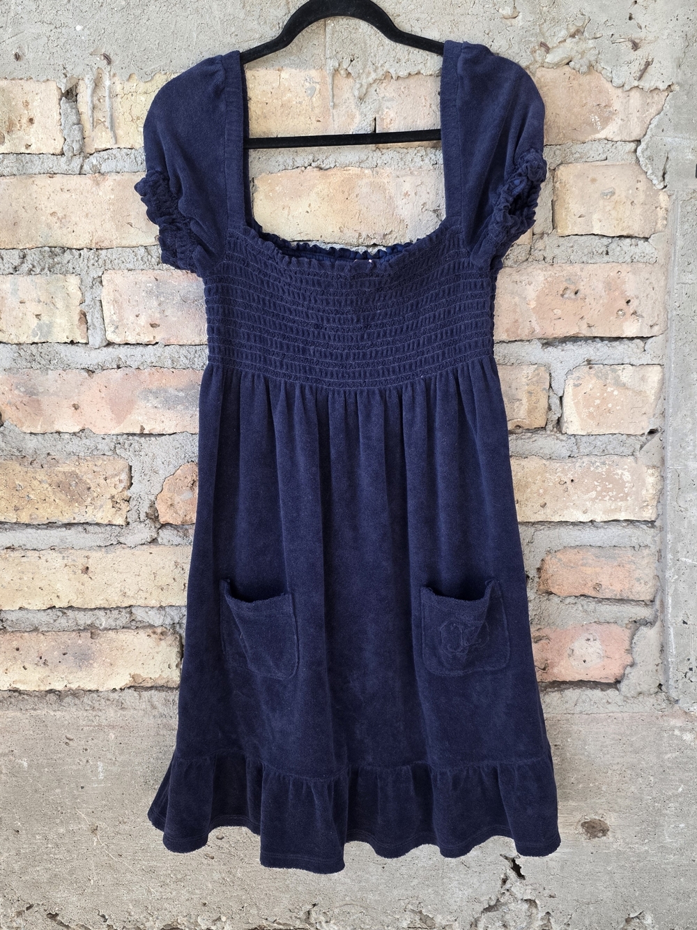 Vintage Juicy Couture Terry Cloth Smocked Mini Dress Navy Blue XL Y2K